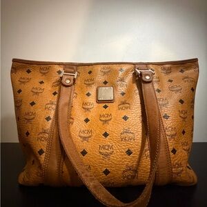 MCM Cognac Visetos Logo Zip Top Tote Bag